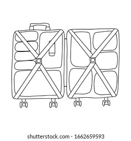 Opened suitcase on the wheels.Filled with abstract clothing with holding straps.Black and white vector illustration in doodle style.For travel. Simple outline drawing,hand drawn and isolated on white