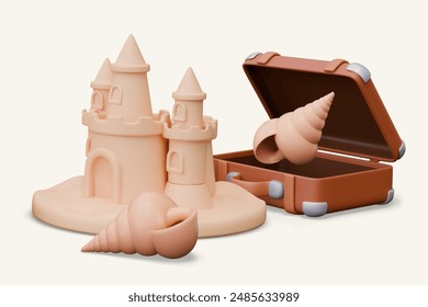 Maleta abierta con concha marina, castillo de arena en estilo 3D. concepto de color de Vector
