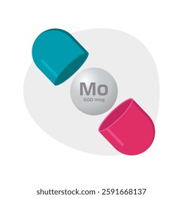 Opened supplement capsule revealing the active ingredient, Molybdenum (Mo), with a dose. Vector illustration.