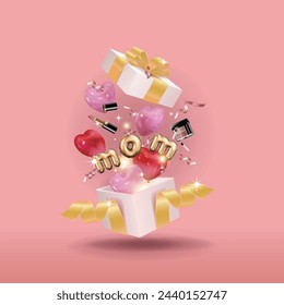 The opened surprise box contains heart balloons, cosmetics and the letters MOM, suitable for Mother's Day.