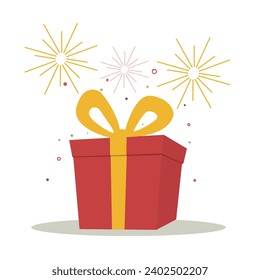 Opened surprise gift box with confetti. Gift box with red ribbon bow. Flat style. Element design for giveaway, surprise, holiday. Vector illustration