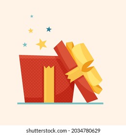Opened surprise red gift box, birthday celebration concept, special give away package. Flat style 