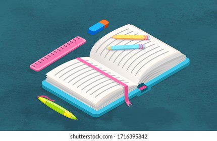Geöffnete Lehrbücher mit harter Abdeckung und weißen Laken. Lieferungen für Ausbildung, Studium und Arbeit im Büro. Stuff für die Schule wie Buch und Stift, Bleistift und Lineal, Radierer. Vektorillustration im Flachstil
