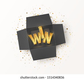 Opened textured black gift box with golden WIN word inside. Enter and winning prizes isolated vector illustration