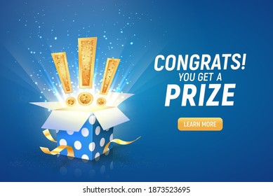 Opened textured blue box with exclamation signs explosion inside on a blue background. Winning gifts lottery vector illustration. Web banner with present