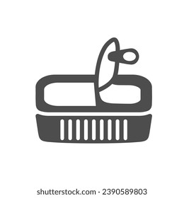 Opened tin can with a pull tab. Black glyph icon. Flat design of aluminum packaging. Metal waste. Fish, meat and conserved food concept. For web site, mobile app, logo template, grocery store decor