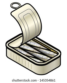 An opened tin of sardines with a pull-ring top.