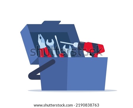 Opened toolbox with instruments inside. Workman's toolkit. Tool chest with hand tools. Workbox in flat style. Vector illustration