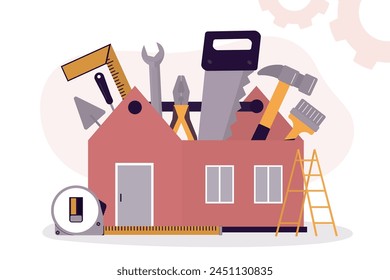 Caja de herramientas abierta como la casa con instrumentos en el interior. Kit de herramientas de Workman. Cofre de herramientas con herramientas de mano. Caja de trabajo para la construcción o renovación. Ilustración vectorial de estilo plano