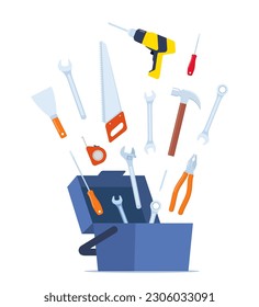 Opened toolbox with tools putting in it. Workman's toolkit. Instruments in workbox. Vector illustration