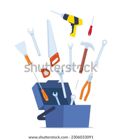 Opened toolbox with tools putting in it. Workman's toolkit. Instruments in workbox. Vector illustration