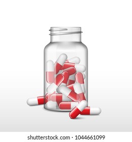 Opened transparent medicine box or bottle with red capsules. Vector realistic pills, tablets, drug of painkillers, antibiotics, vitamins. Health care medical.