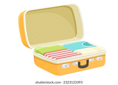 Opened travel suitcase full of things for summer vacation. Flat design. Vector illustration isolated on white background