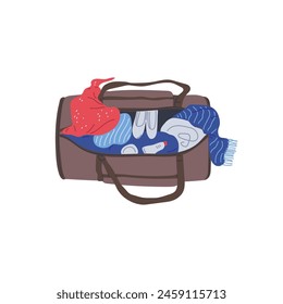 Maleta de viaje abierta llena de cosas para las vacaciones. Ilustración vectorial de embalar el equipaje en viaje turístico o de negocios. Exceso de equipaje de dibujos animados aislado sobre fondo blanco