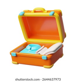 Mala de viagem aberta cheia de coisas para férias. ícone de vetor de estilo plástico 3D. Volume de bagagem de embalagem indo de férias ou viagem de negócios. Excesso de bagagem de mão isolada sobre fundo branco