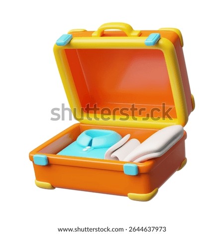 Opened travel suitcase full of things for vacation. 3D plastic style vector icon. Volume packing luggage going on holiday or business trip. Cartoon baggage excess isolated on white background