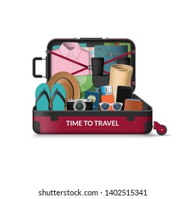 Opened travel suitcase. Summer vacation concept. Vector illustration isolated on white background