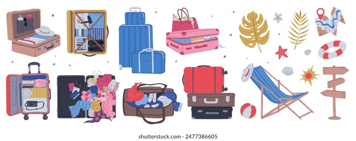 Opened travel suitcases, luggage full of things for summer vacation vector illustrations set. Case voyage, sea holiday accessories. Cartoon tourism set sun hat, beach chair, map, anchor