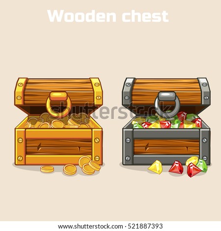 Opened treasure chest with coins and diamonds in vector