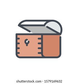 Opened treasure chest color line icon. Adventure wooden chest vector outline colorful sign.