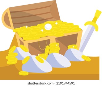 Opened Treasure Chest full with Gold coins and Sword Concept vector color icon design, Deep sea creature symbol, Aquatic Elements Sign, Underwater animal stock illustration