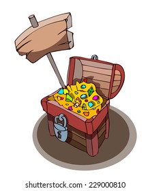 An opened Treasure Chest, full of Gold and Treasure, with a Wooden Sign on top of it, Vector Illustration isolated on a White Background. 