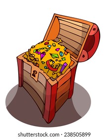 Opened Treasure Chest full of Gold, Vector Illustration isolated on White Background. 