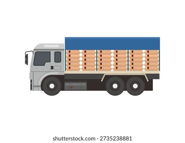 Camión abierto que lleva la pila de cemento envuelto y atado por la lona. Ilustración plana simple.
