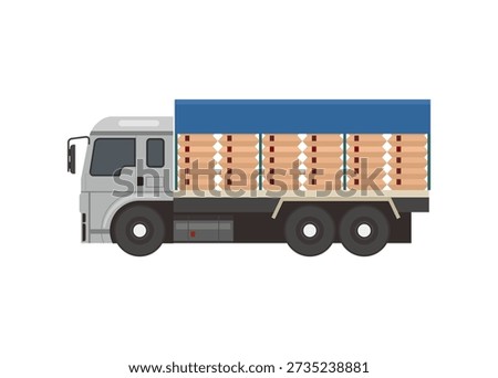Opened truck carrying cement stack wrapped and tied by tarpaulin. Simple flat illustration.