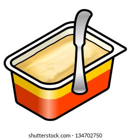 An Opened Tub Of Margarine/butter Spread With A Bread Knife.