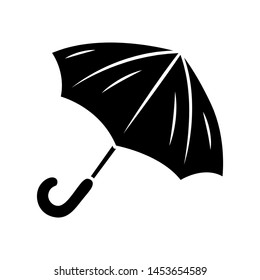 Opened umbrella glyph icon. Bad, rainy, stormy weather water protection. Fashionable travel accessory. Carryon sunshade, parasol. Silhouette symbol. Negative space. Vector isolated illustration