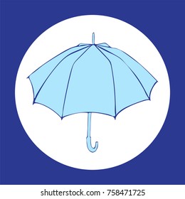 Opened umbrella isolated on white background. Umbrella icon in flat cartoon style for web site design,logo, app, UI. Autumn vector illustration. Blue colors.