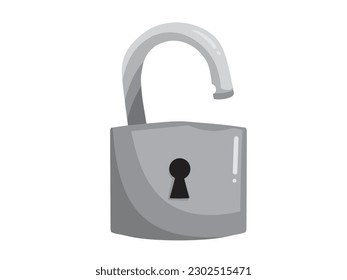 Opened or unlocked padlock vector illustration isolated on horizontal white background. Monochrome shades of gray simple and flat styled drawing.