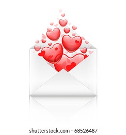 opened Valentine`s day envelope with red hearts