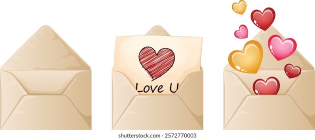 Opened Valentine's Love Letter Envelop Collection with Empty, Colorful Hearts Coming Out and Love U Message with Hand Drawn Scribbled Heart Drawing Versions. Cartoon Vector Illustrations 