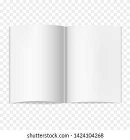 Opened vector realistic book, journal or magazine mockup with sheet of A4. Blank open pages of sketchbook or notebook template for catalog, brochure design