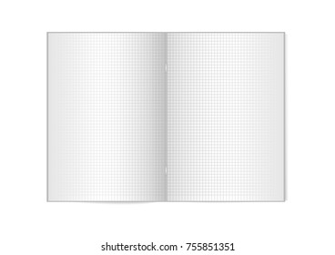 Opened vertical magazine with metallic silver clamp, school notebook , brochure or notebook template on white background. 3d illustration for your design. Vector mock up. Cell lined notebook