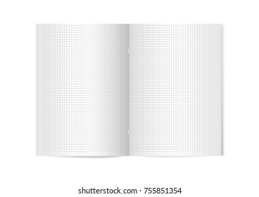 Opened vertical magazine with metallic silver clamp, brochure or notebook template on white background. 3d illustration for your design. Vector mock up. Cell lined notebook