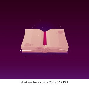 Opened vintage book with clean sheets and bookmark ribbon vector flat illustration. Cartoon open notepad, textbook or library literature. Game witchcraft and wizardry book, spiritual knowledge