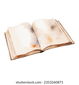 Opened Vintage Old Book Perspective View Isolated Hand Drawn Watercolor Painting Illustration