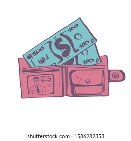 Opened wallet isolated on background. Money in purse. Cash payment. Vector illustration sketch design.
