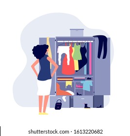 Opened wardrobe. Girl stand front closet. Stack clothes on floor, fashion problems and chaos. Organisation dressing vector illustration