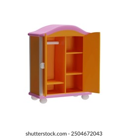 Armario abierto, armario de madera icono de estilo plástico 3D. Armario de la tienda de muebles, gabinete con puertas abiertas, estantes, fondo y parte superior rosados. Elemento realista del diseño del juguete del interior de los muebles del Vector aislado