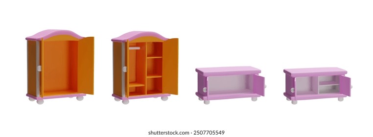 Opened wardrobe, wooden closet, pink dresser 3D plastic style icons set. Furniture store cupboard, cabinet with open doors, empty and shelves. Vector realistic furniture interior toy design elements