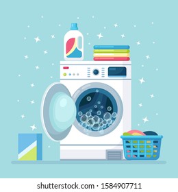 Opened washing machine with dry clothing in basket and detergent isolated on background. 
Electronic laundry equipment for housekeeping. Vector flat design