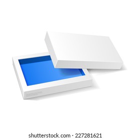 Opened White Blue Cardboard Package Box. Gift Candy. On White Background Isolated. Ready For Your Design. Product Packing Vector EPS10 