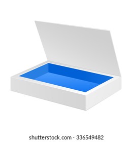 Opened White Blue Cardboard Package Box. Gift Candy. On White Background Isolated. Ready For Your Design. Product Packing Vector EPS10 