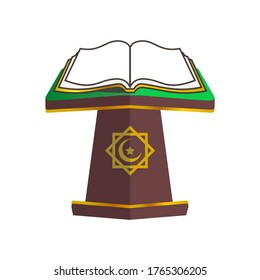 opened white book on podium with gradient style illustration. in podium include rub el-hizb symbol,