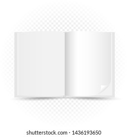 Opened white book template with shadow on transparent background. Read open magazine