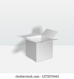 Opened white box. Blank carton mockup isolated on white background. Vector illustration